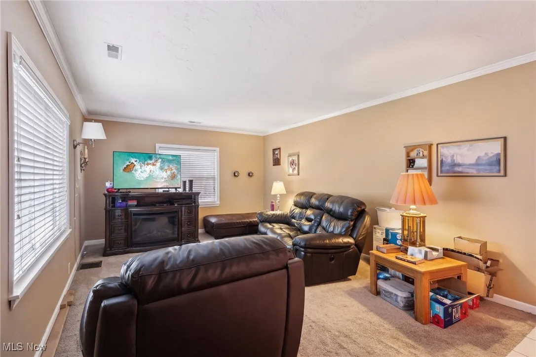 Living area with light colored carpet, ornamental molding, and baseboards