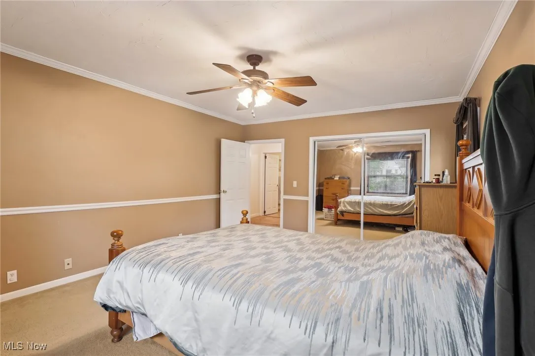 Bedroom featuring carpet flooring, baseboards, ceiling fan, crown molding, and a closet