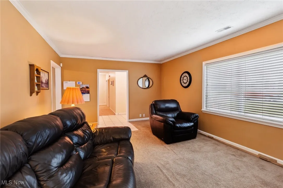 Living room with ornamental molding, carpet, and baseboards