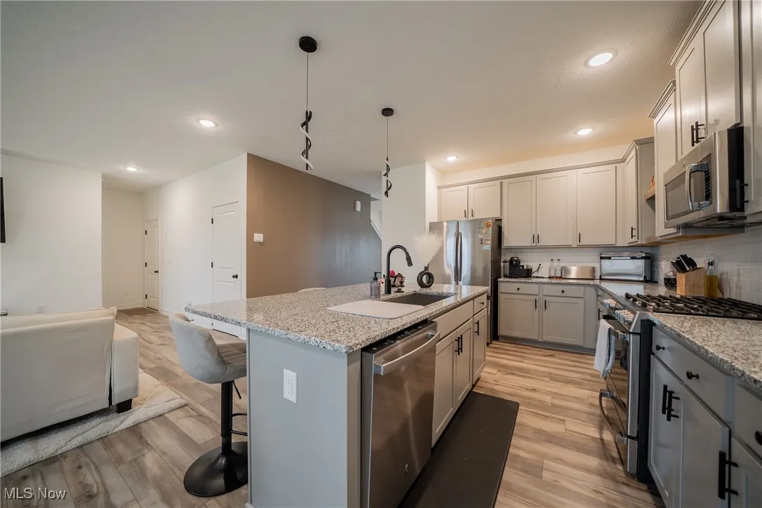 Kitchen featuring stainless steel appliances, a sink, gray cabinetry, light wood-type flooring, and recessed lighting