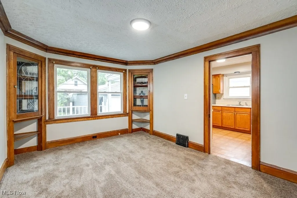 Spare room with ornamental molding, a textured ceiling, baseboards, light colored carpet, and a sink