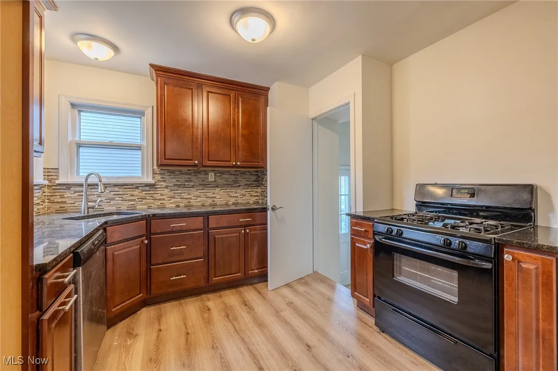 Kitchen with black range with gas cooktop, dishwasher, a sink, light wood-style flooring, and decorative backsplash