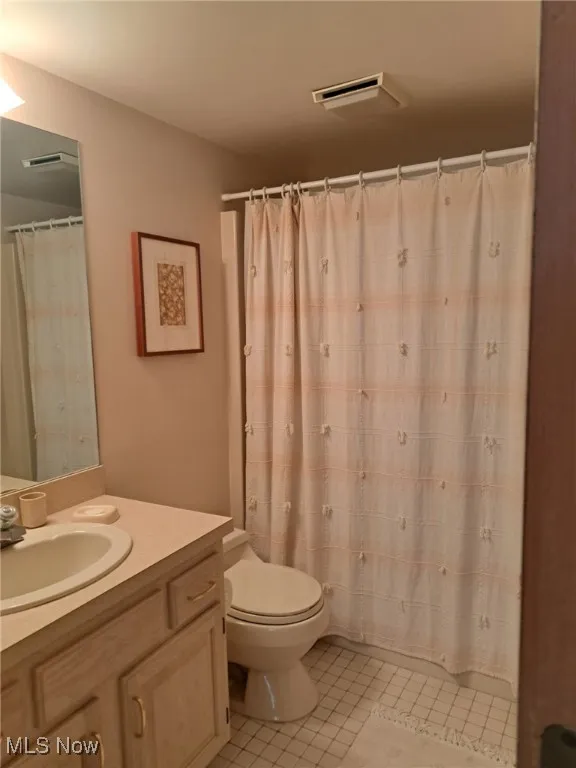 Full bathroom with vanity, toilet, and a shower