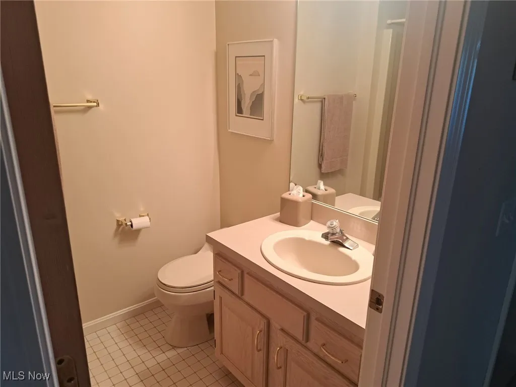 Bathroom vanity, toilet and shower.