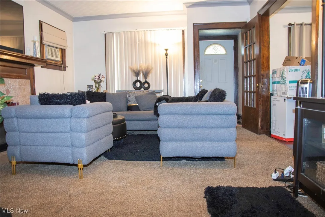 Carpeted living room featuring ornamental molding and french doors