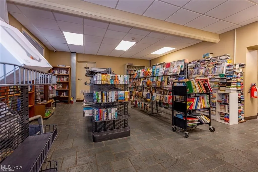 Misc room with a drop ceiling, wall of books, and stone tile flooring