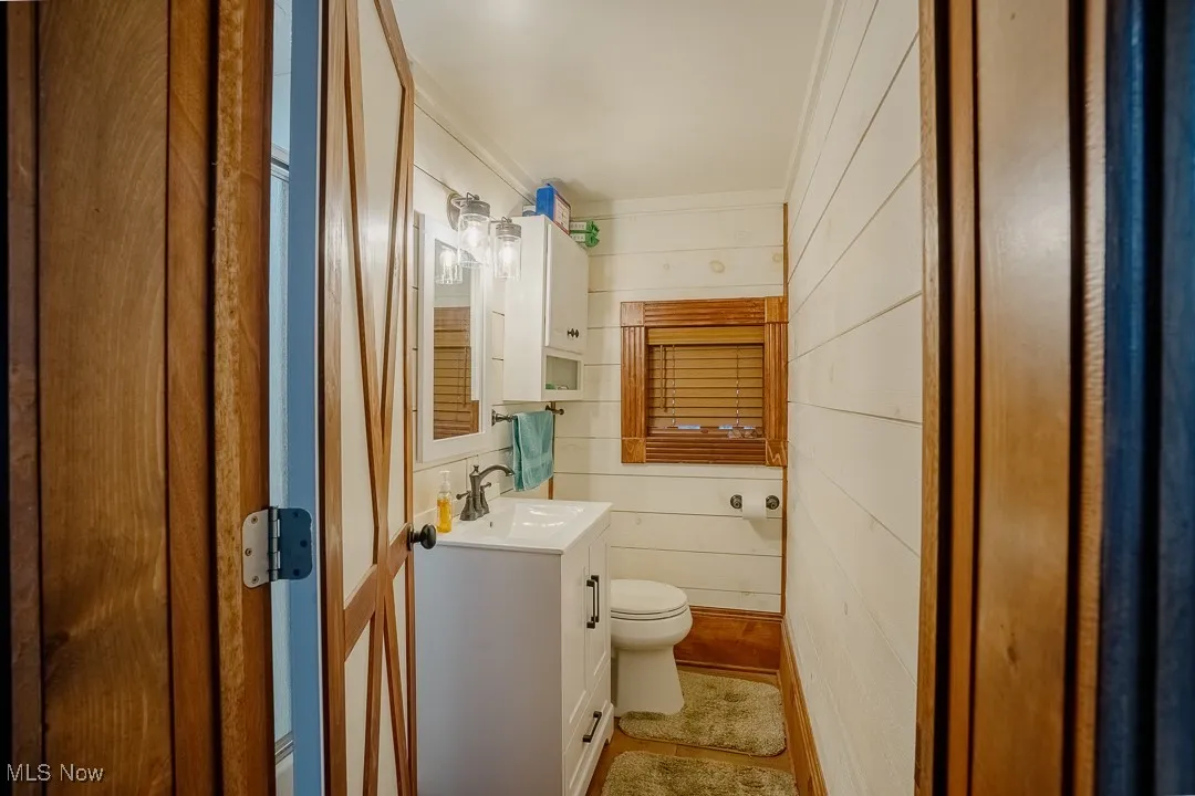 Bathroom featuring vanity, toilet, and wood walls