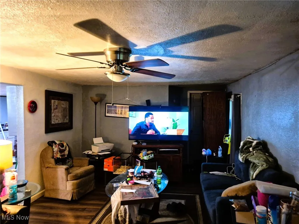 Living room with wood finished floors, a ceiling fan, and a textured ceiling