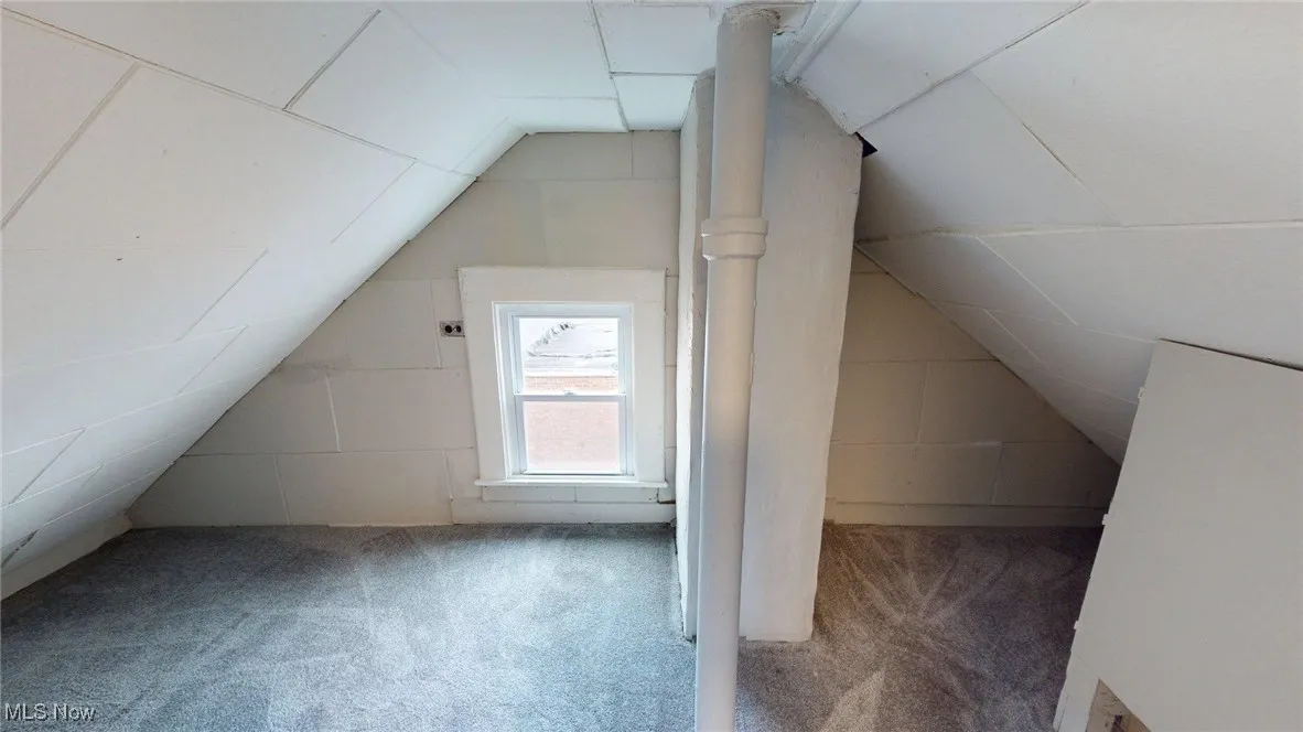 Additional living space featuring concrete block wall, vaulted ceiling, and carpet flooring