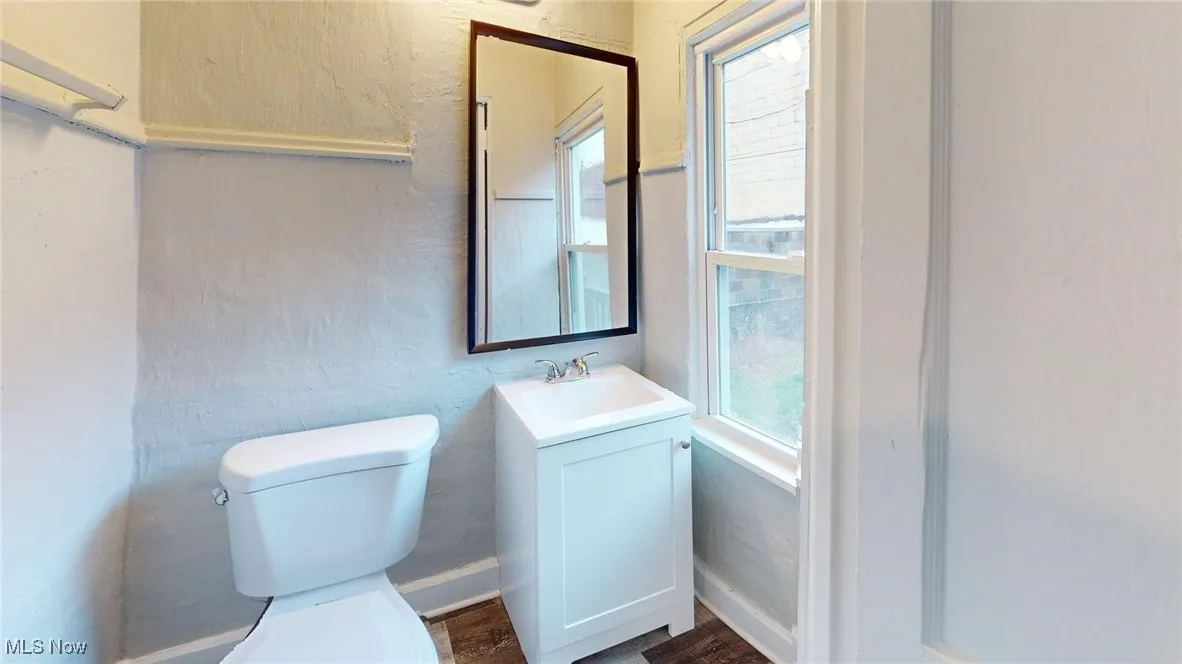 Bathroom with toilet, vanity, and wood finished floors
