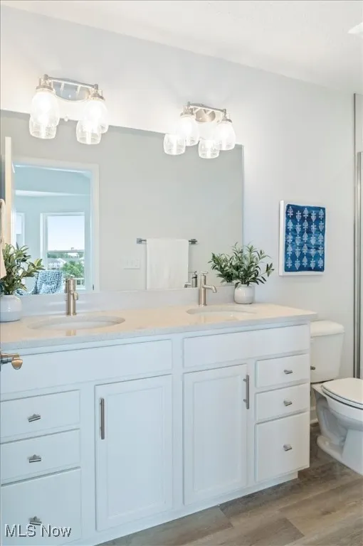 Full bathroom with double vanity, toilet, and wood finished floors