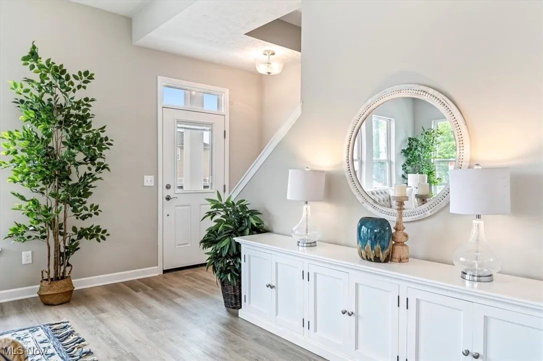 Foyer with plenty of natural light, light wood-type flooring, and baseboards