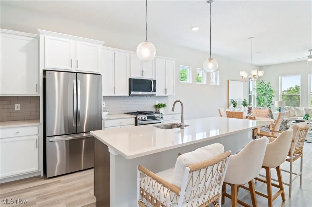 Kitchen with stainless steel appliances, a sink, tasteful backsplash, light wood-type flooring, and light countertops