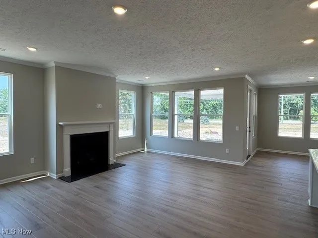 Unfurnished living room featuring ornamental molding, dark wood-style flooring, recessed lighting, a fireplace with flush hearth, and a textured ceiling
