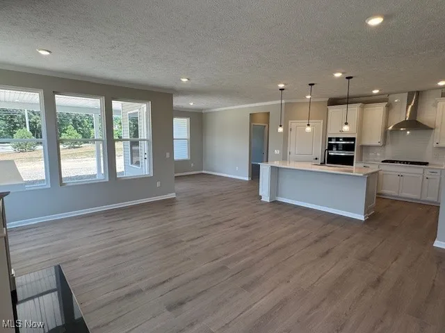Kitchen with ornamental molding, open floor plan, recessed lighting, wood finished floors, and wall chimney exhaust hood