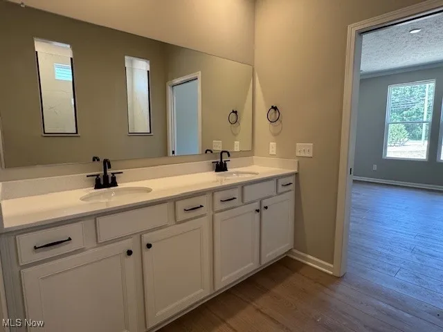 Bathroom featuring wood finished floors, double vanity, and a textured ceiling