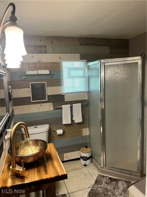 Full bath with a shower stall, a sink, wood walls, and toilet