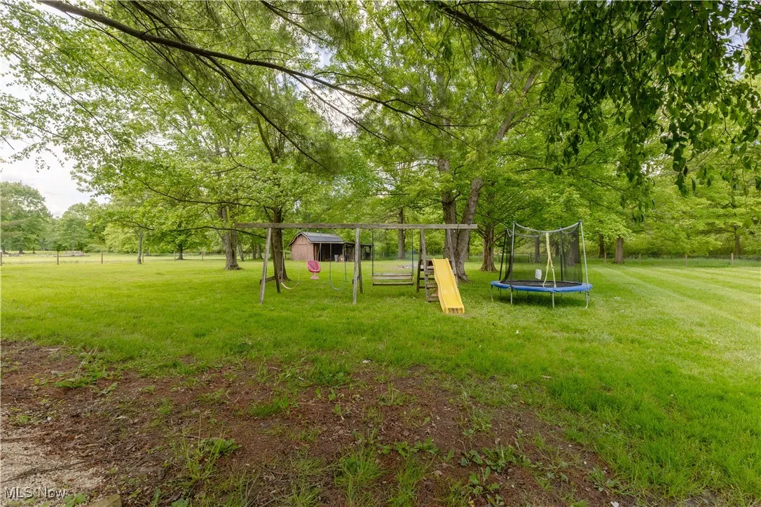View of green lawn with a trampoline and a playground