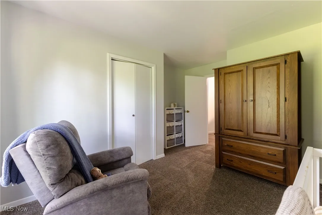 Living area with dark carpet and baseboards