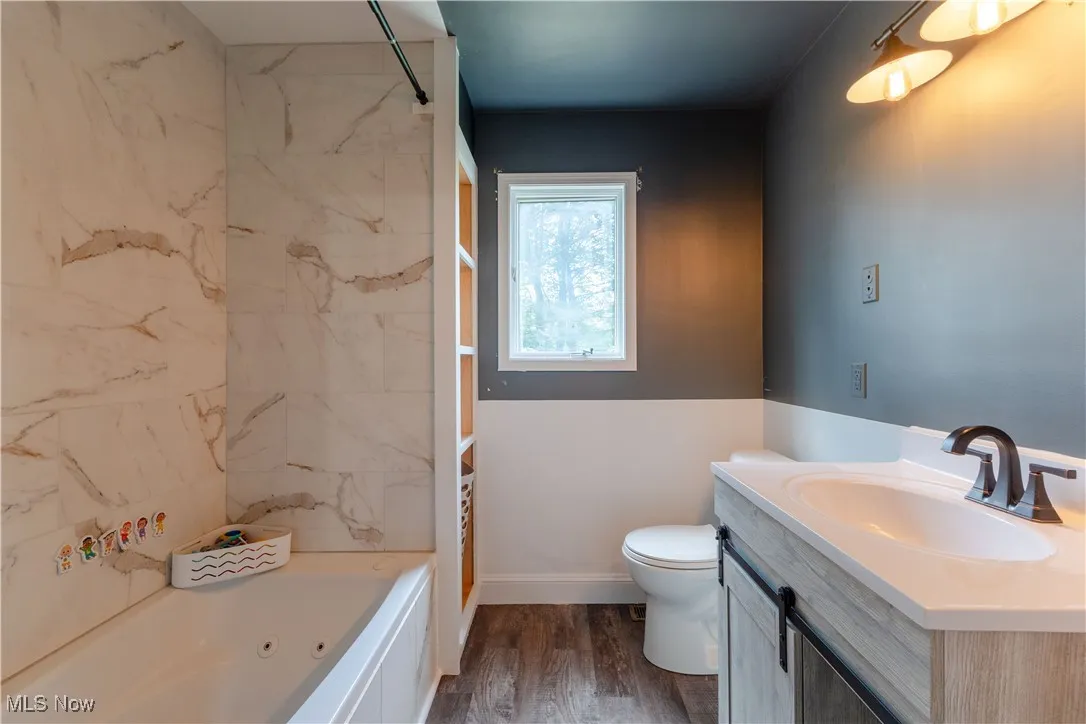 Bathroom with vanity, toilet, and wood finished floors