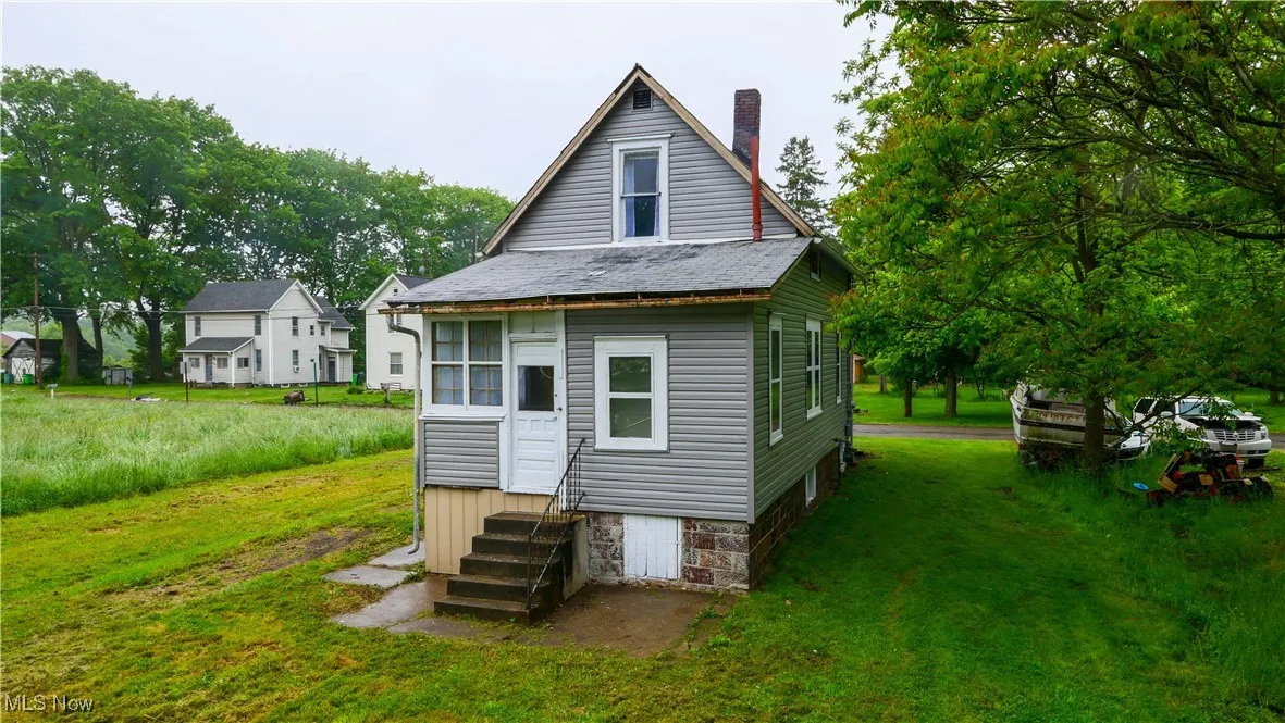 Rear view of property with entry steps, a chimney, and a yard