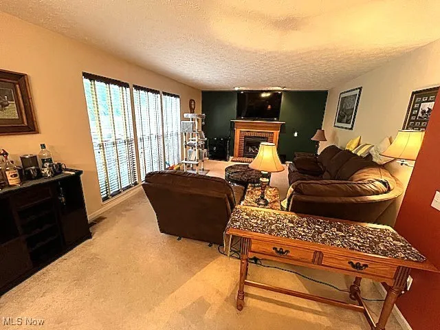 Carpeted living room featuring a textured ceiling and a brick fireplace
