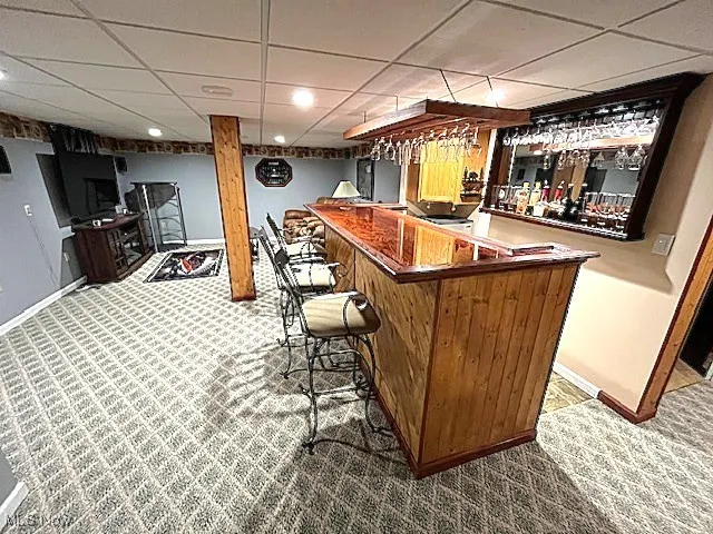 Indoor bar with baseboards, carpet, and a paneled ceiling