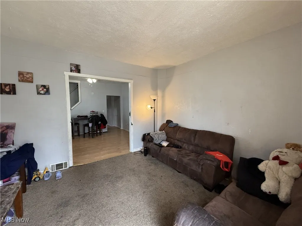 Carpeted living area featuring visible vents and a textured ceiling