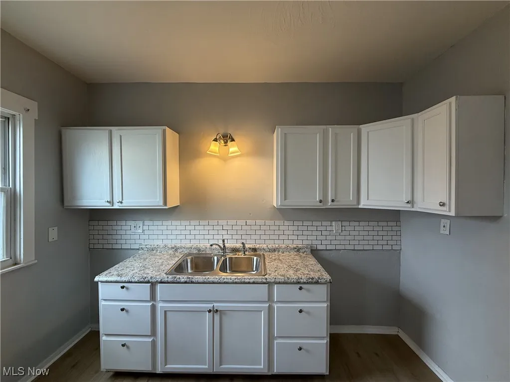 Kitchen featuring dark wood-style floors, tasteful backsplash, white cabinetry, and a sink