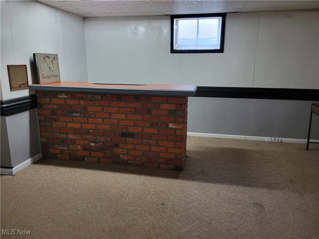 Basement featuring carpet floors and a drop ceiling