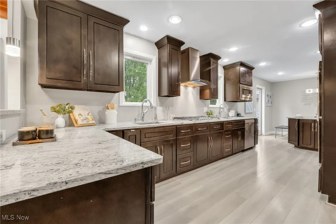 Kitchen featuring a sink, wall chimney range hood, dark brown cabinets, stainless steel appliances, and light wood-type flooring