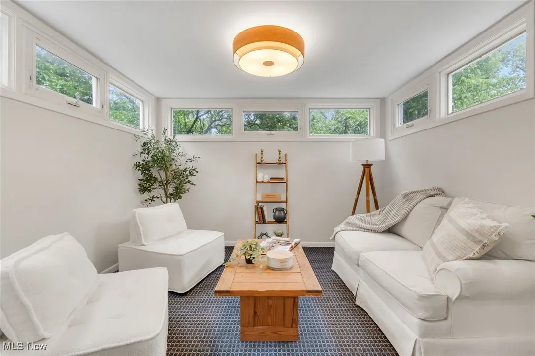 Living area with plenty of natural light, carpet flooring, and baseboards
