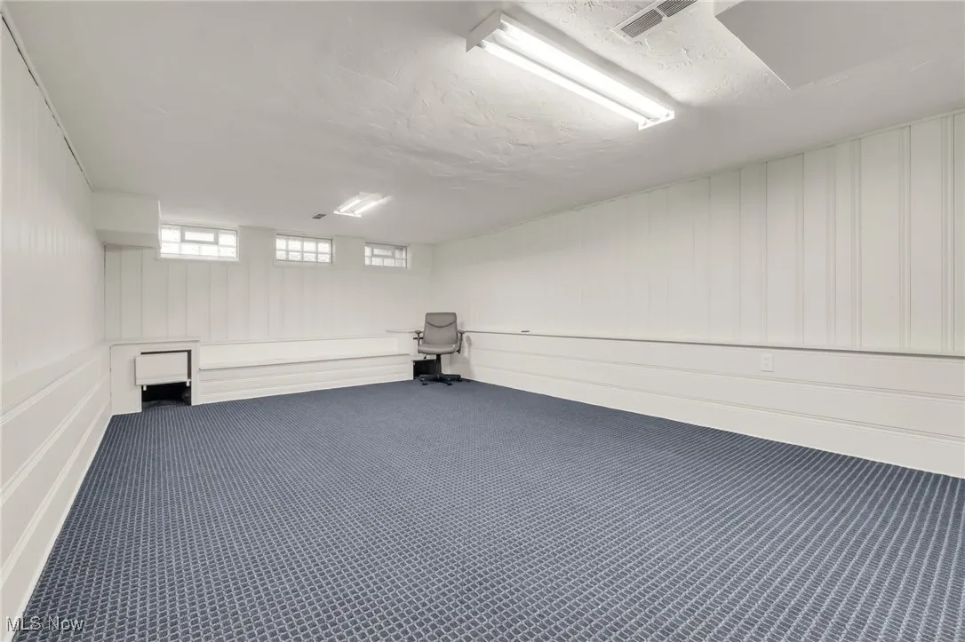 Below grade area featuring carpet flooring and a decorative wall