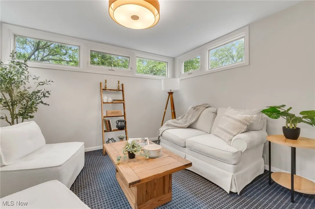 Living room with carpet, baseboards, and lofted ceiling