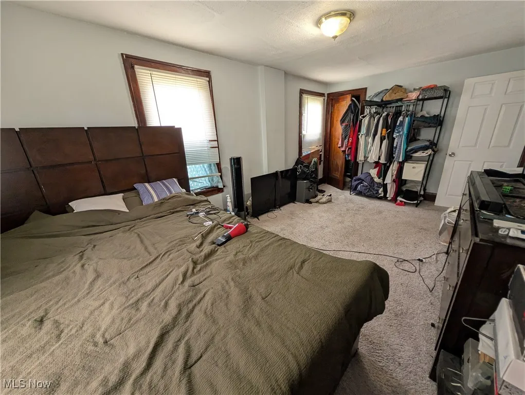 Carpeted bedroom featuring a closet