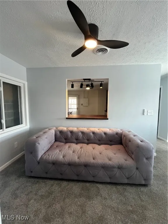 Living area with carpet floors, a textured ceiling, a ceiling fan, and baseboards