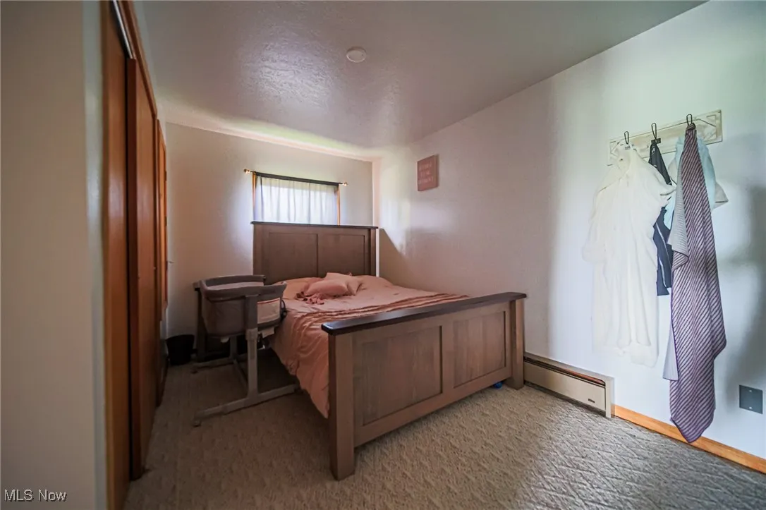 Bedroom featuring a baseboard heating unit and light carpet