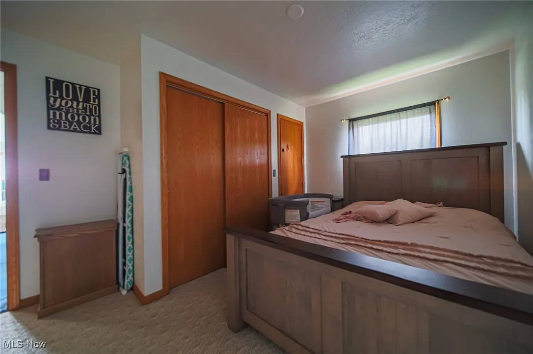 Bedroom with light colored carpet and a closet