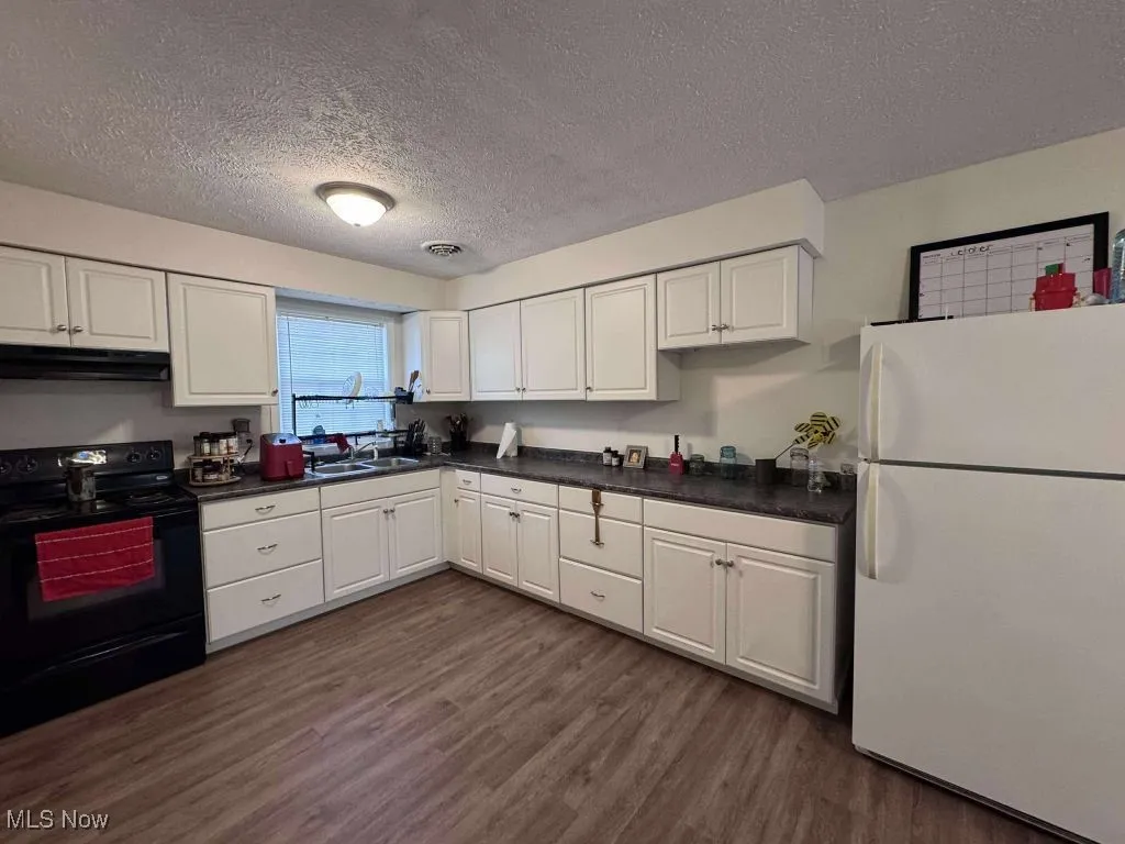 Kitchen with freestanding refrigerator, black range with electric stovetop, a sink, under cabinet range hood, and dark countertops