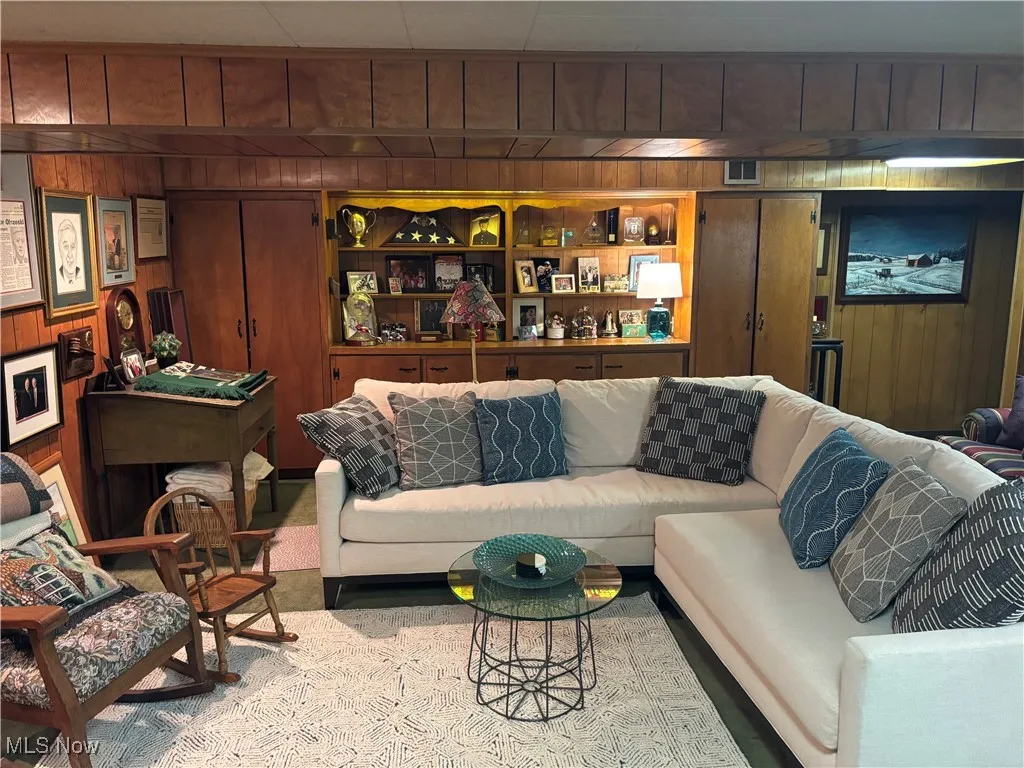 Carpeted living room featuring wooden walls