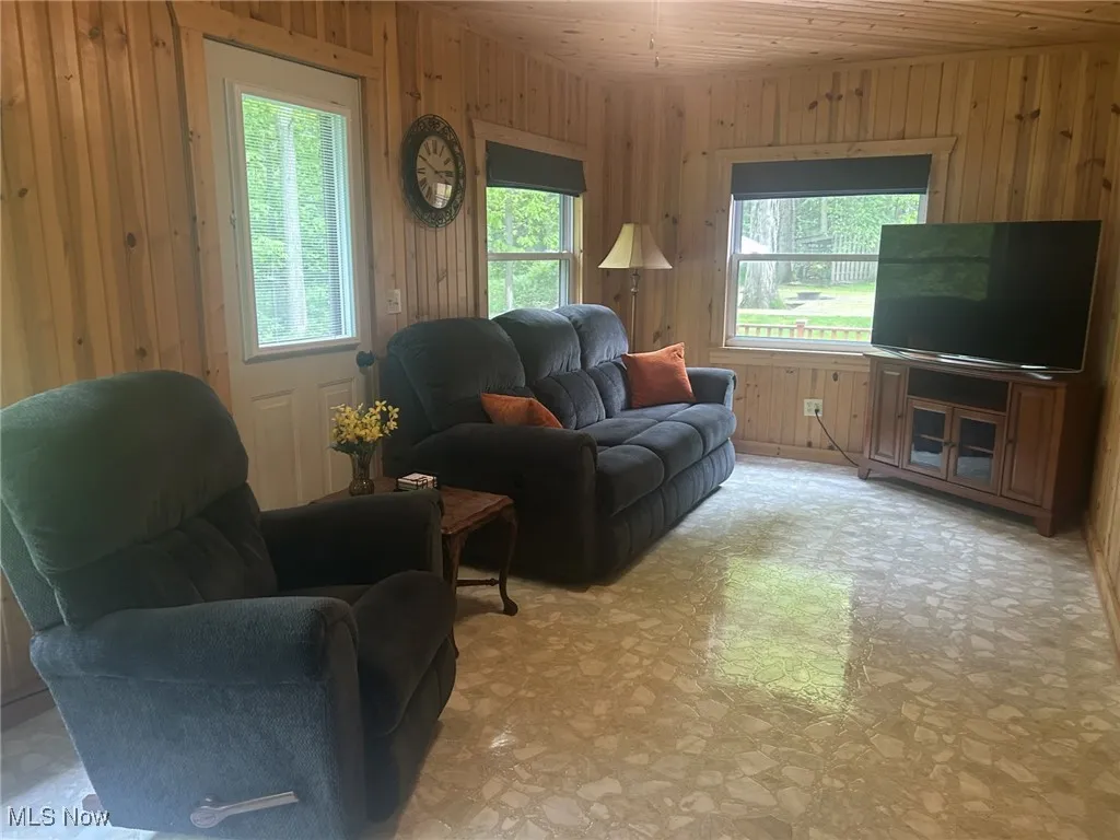 Living room featuring wood walls, light flooring, and wood ceiling