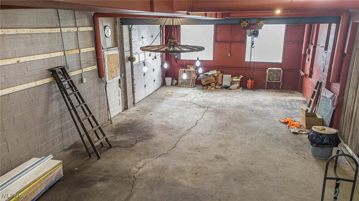 Garage with concrete block wall