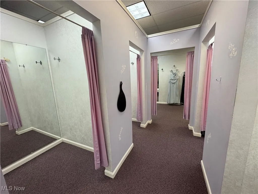 Hall featuring dark colored carpet, ornamental molding, and baseboards