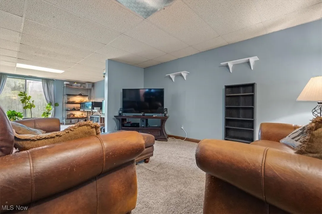 Lower level l-shaped family room is great for watching TV, playing pool, or watching wildlife in the rear yard woods.