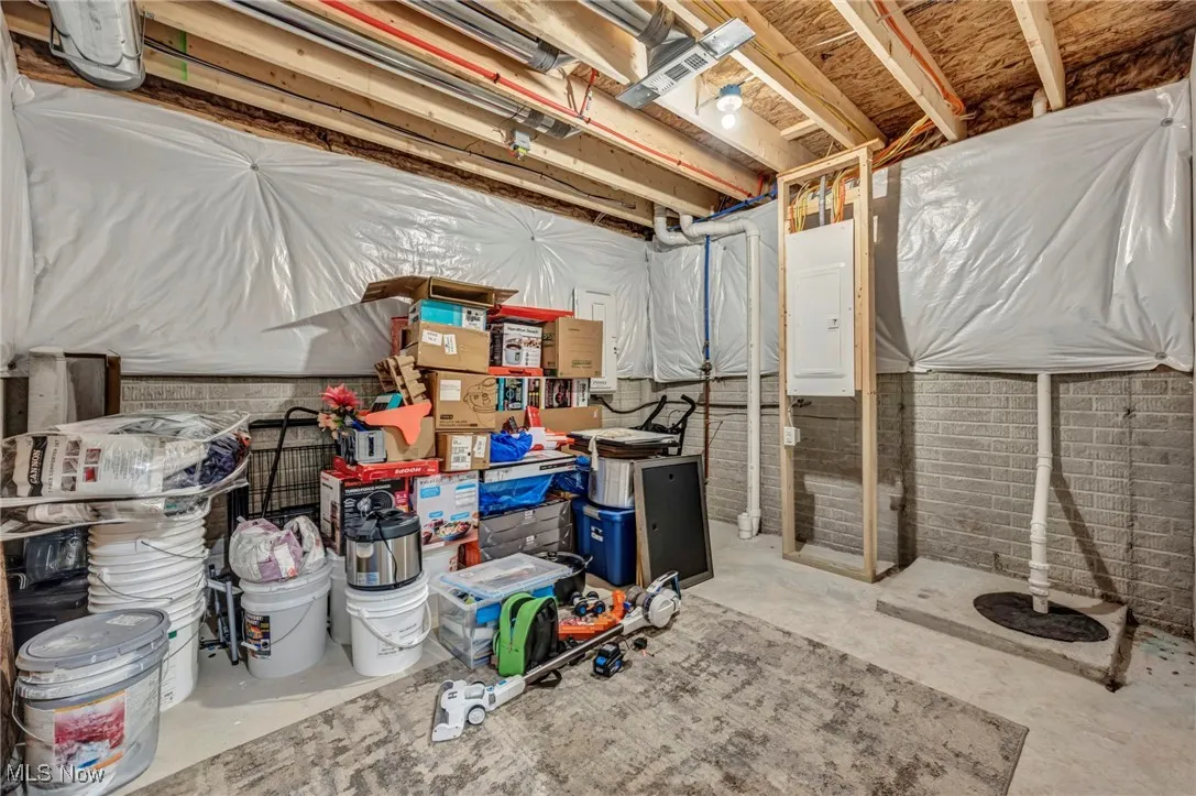 Unfinished below grade area featuring electric panel