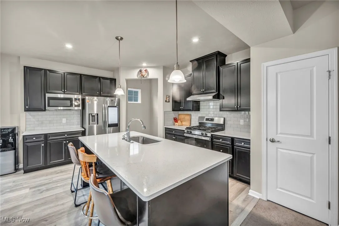 Kitchen featuring stainless steel appliances, a sink, under cabinet range hood, backsplash, and a kitchen island with sink