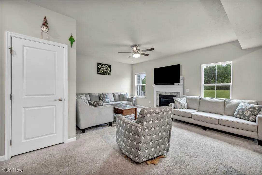 Living area featuring carpet flooring, healthy amount of natural light, ceiling fan, and a high end fireplace
