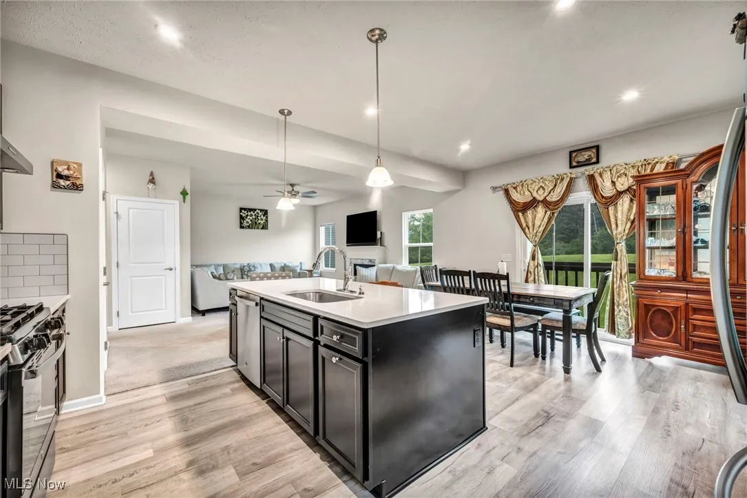 Kitchen with a sink, dishwasher, black gas stove, light wood finished floors, and dark cabinets