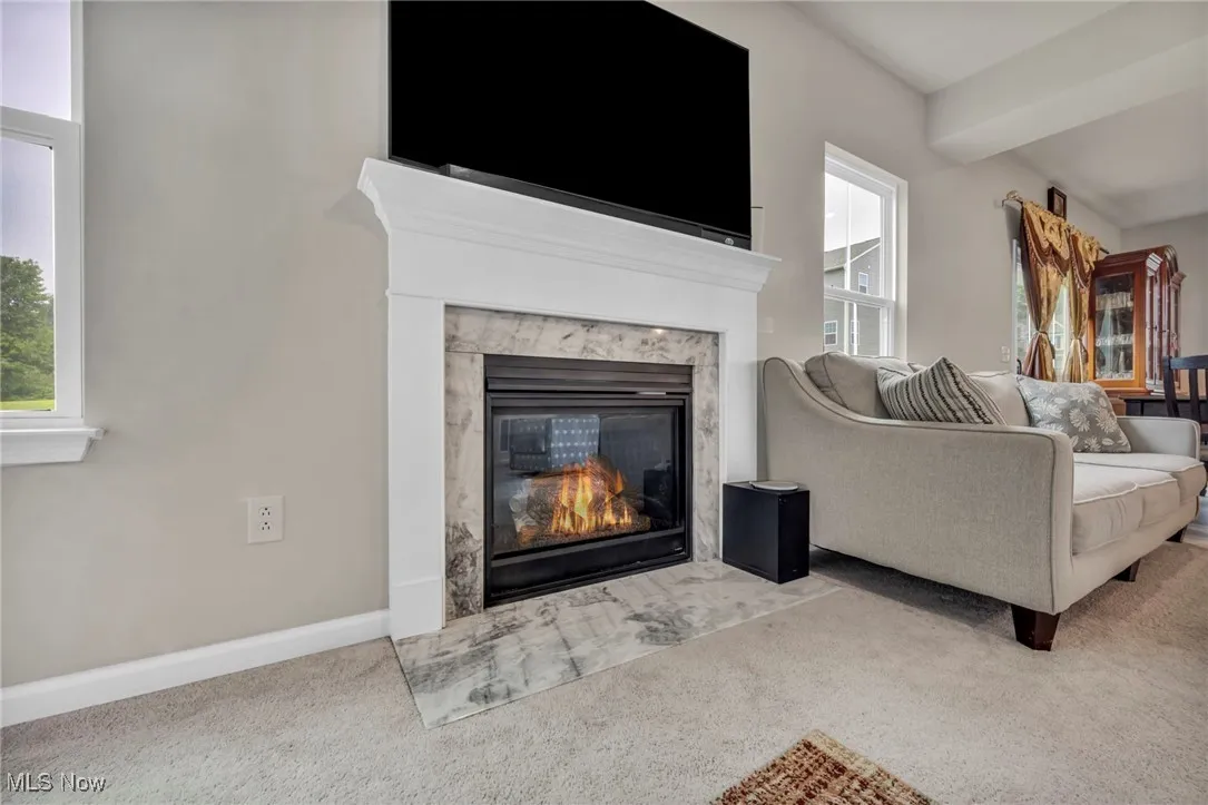 Carpeted living area with a premium fireplace, plenty of natural light, and baseboards