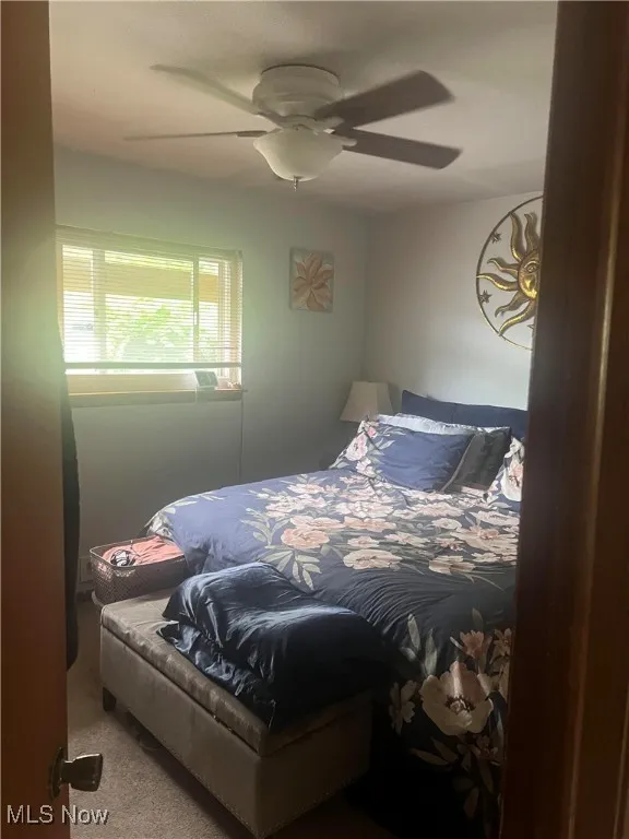 Carpeted bedroom featuring a ceiling fan